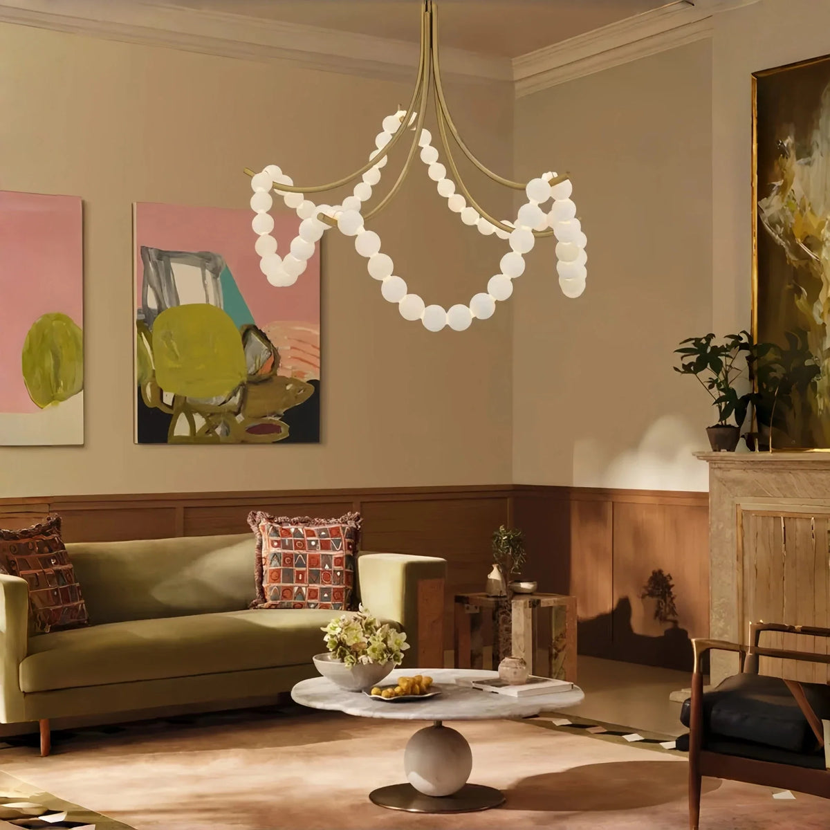Cluster String Pearl Alabaster Chandelier in Brass & Black Metal Rod - D117*H92CM/D46"*H36"Cool Light (6000K)Black - VChandelier
