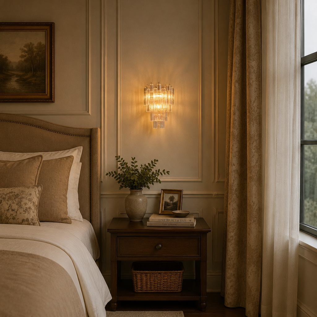 Tronchy Clear Glass Grand Sconce in Bed room