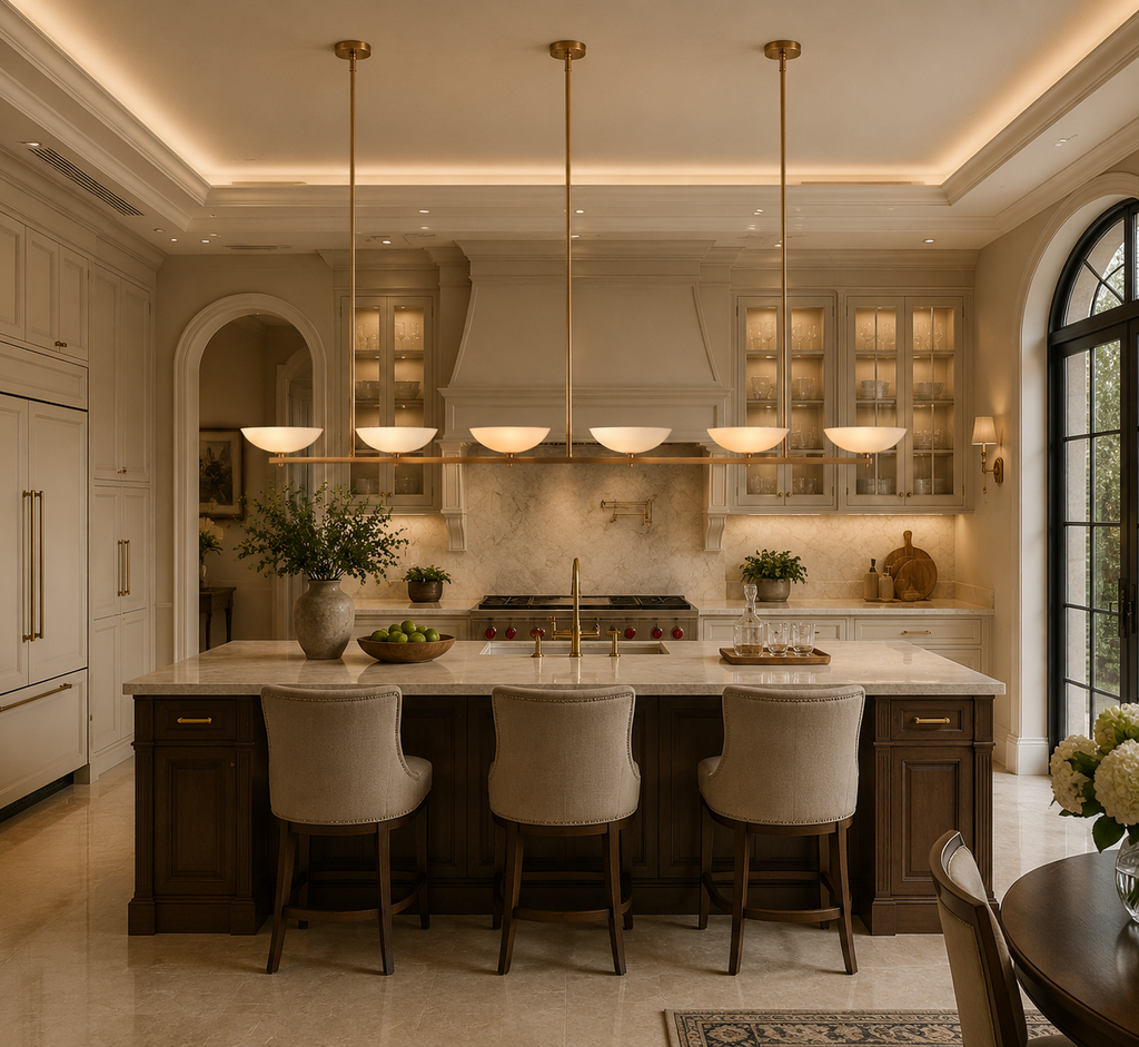Vernat Vintage Brass Linear Chandelier in Dining Room