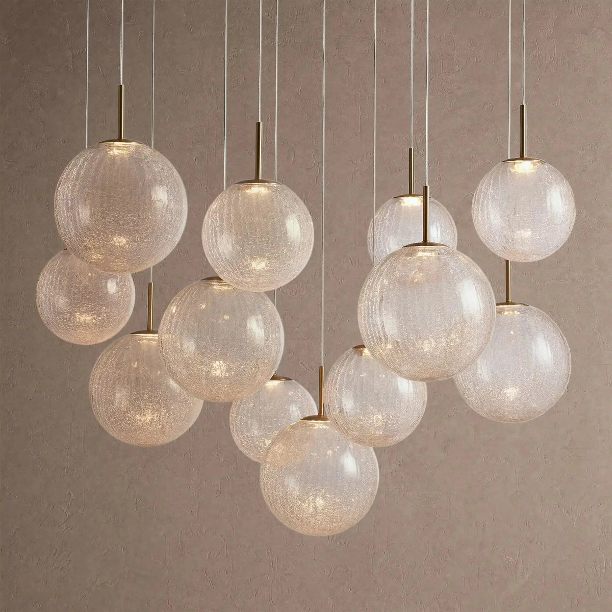 Casen Modern Round Chandelier - Hand-Blown Crackle Glass & Satin Brass LED Pendant Light - 12-Light 43''Crackle - VChandelier
