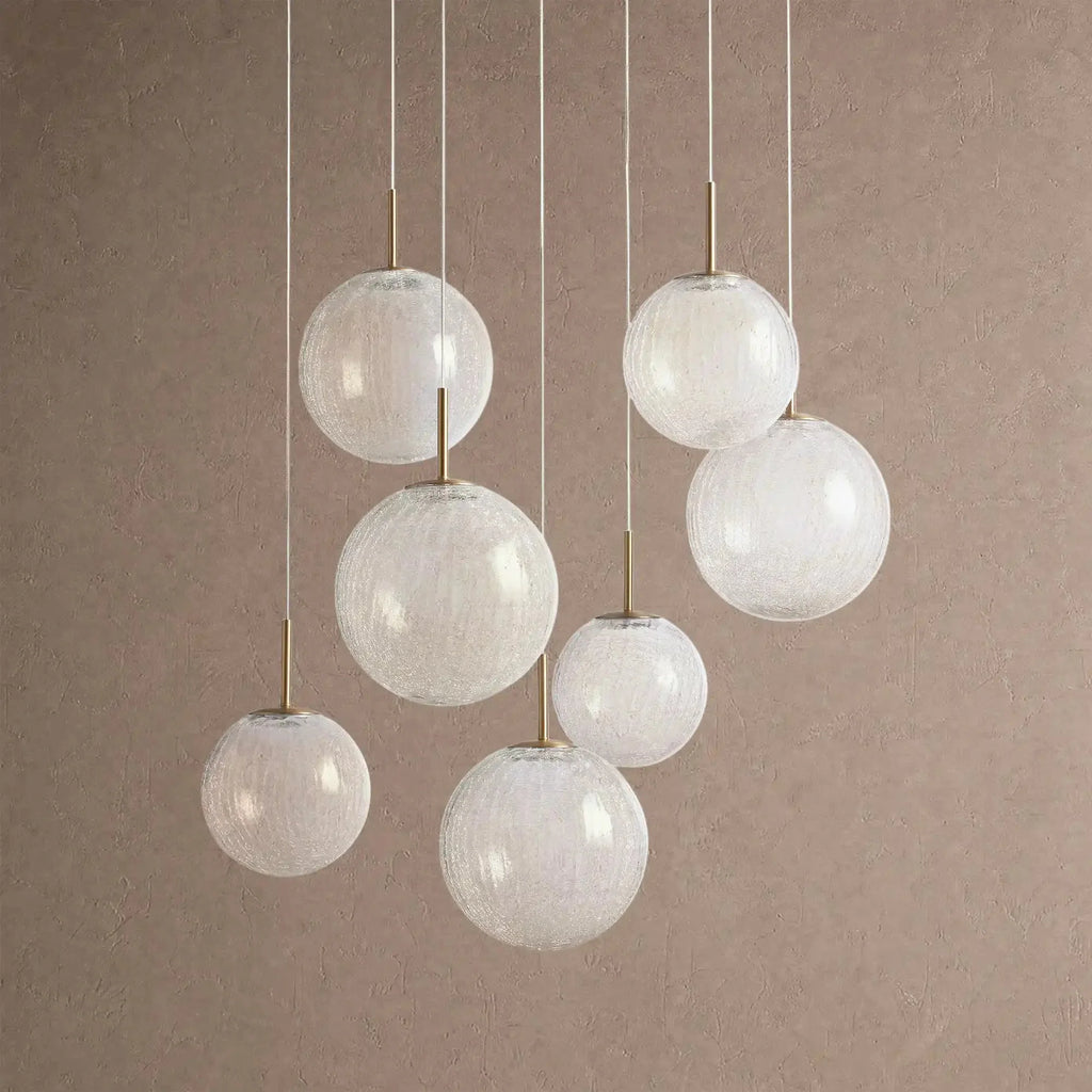 Casen Modern Round Chandelier - Hand-Blown Crackle Glass & Satin Brass LED Pendant Light - 7-Light 34''Crackle - VChandelier