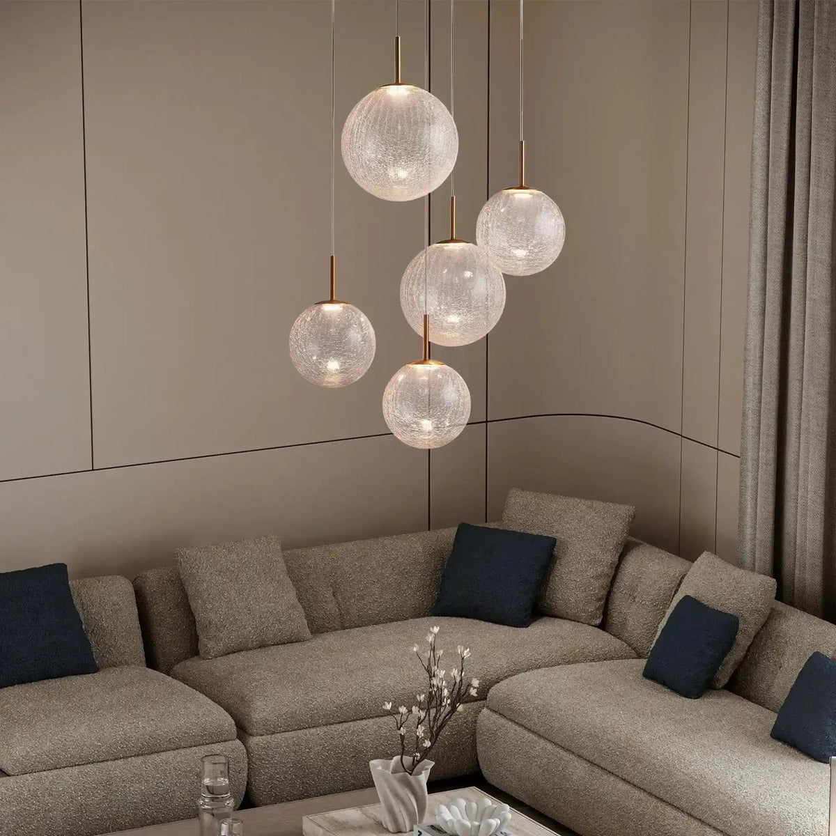 Casen Modern Round Chandelier - Hand-Blown Crackle Glass & Satin Brass LED Pendant Light styled in a modern dining room