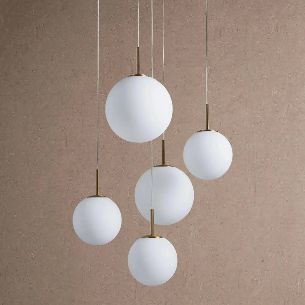 Casen Modern Round Chandelier - Hand-Blown Crackle Glass & Satin Brass LED Pendant Light - 5-Light 28''Matte Opal - VChandelier