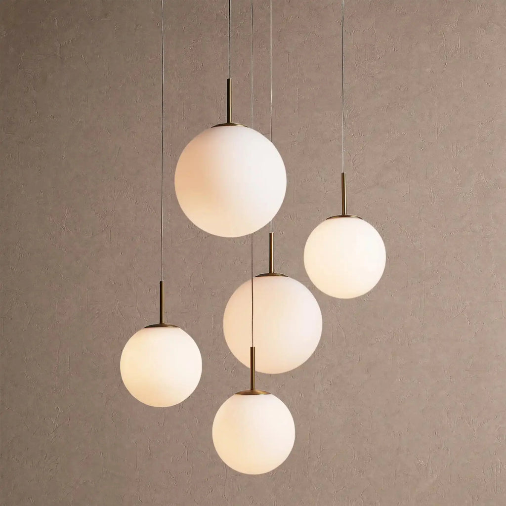 Casen Modern Round Chandelier - Hand-Blown Crackle Glass & Satin Brass LED Pendant Light - 5-Light 28''Matte Opal - VChandelier