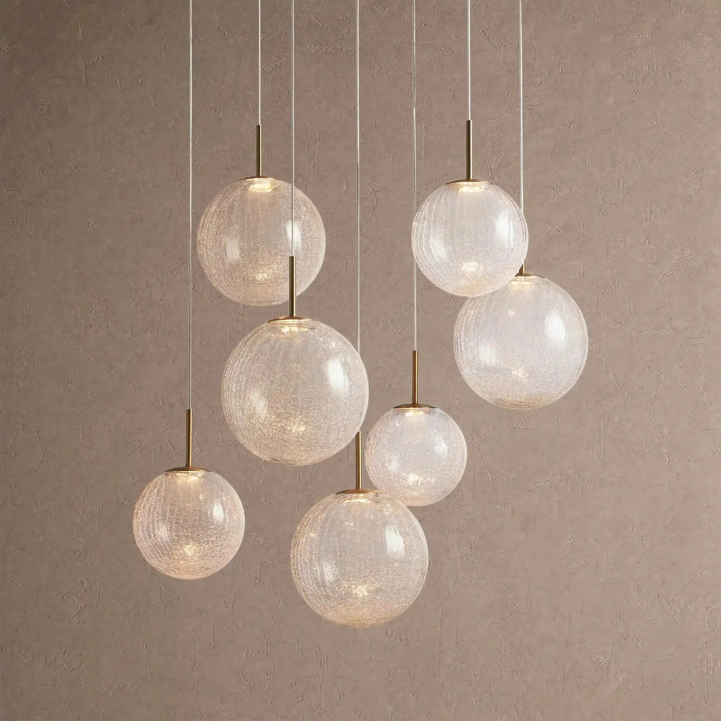Casen Modern Round Chandelier - Hand-Blown Crackle Glass & Satin Brass LED Pendant Light - 7-Light 34''Crackle - VChandelier