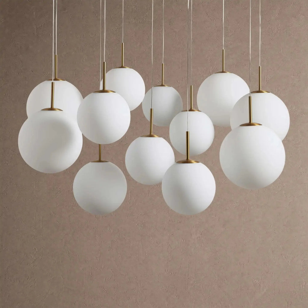 Casen Modern Round Chandelier - Hand-Blown Crackle Glass & Satin Brass LED Pendant Light - 7-Light 34''Matte Opal - VChandelier