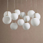 Casen Modern Round Chandelier - Hand-Blown Crackle Glass & Satin Brass LED Pendant Light - 7-Light 34''Matte Opal - VChandelier