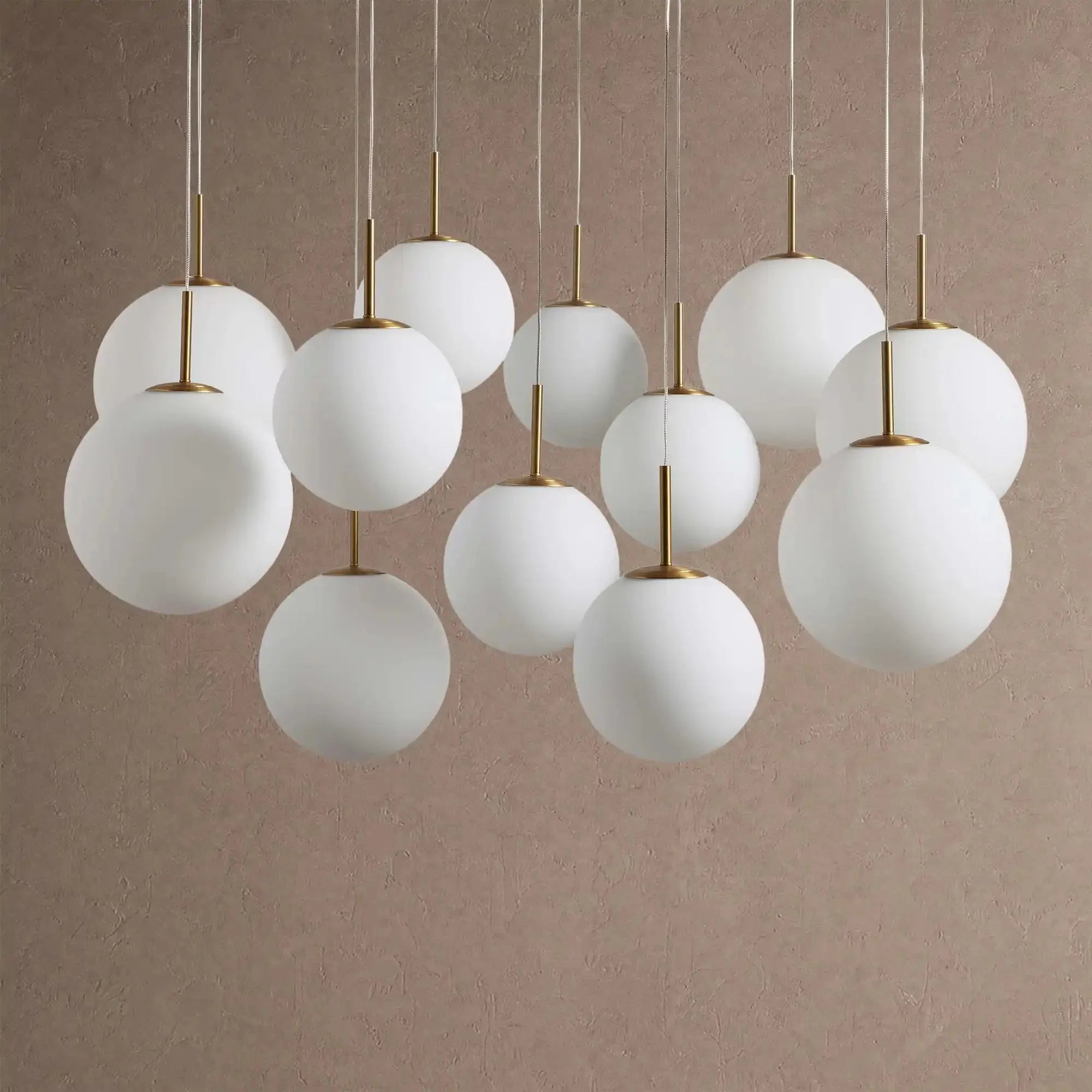 Casen Modern Round Chandelier - Hand-Blown Crackle Glass & Satin Brass LED Pendant Light - 7-Light 34''Matte Opal - VChandelier
