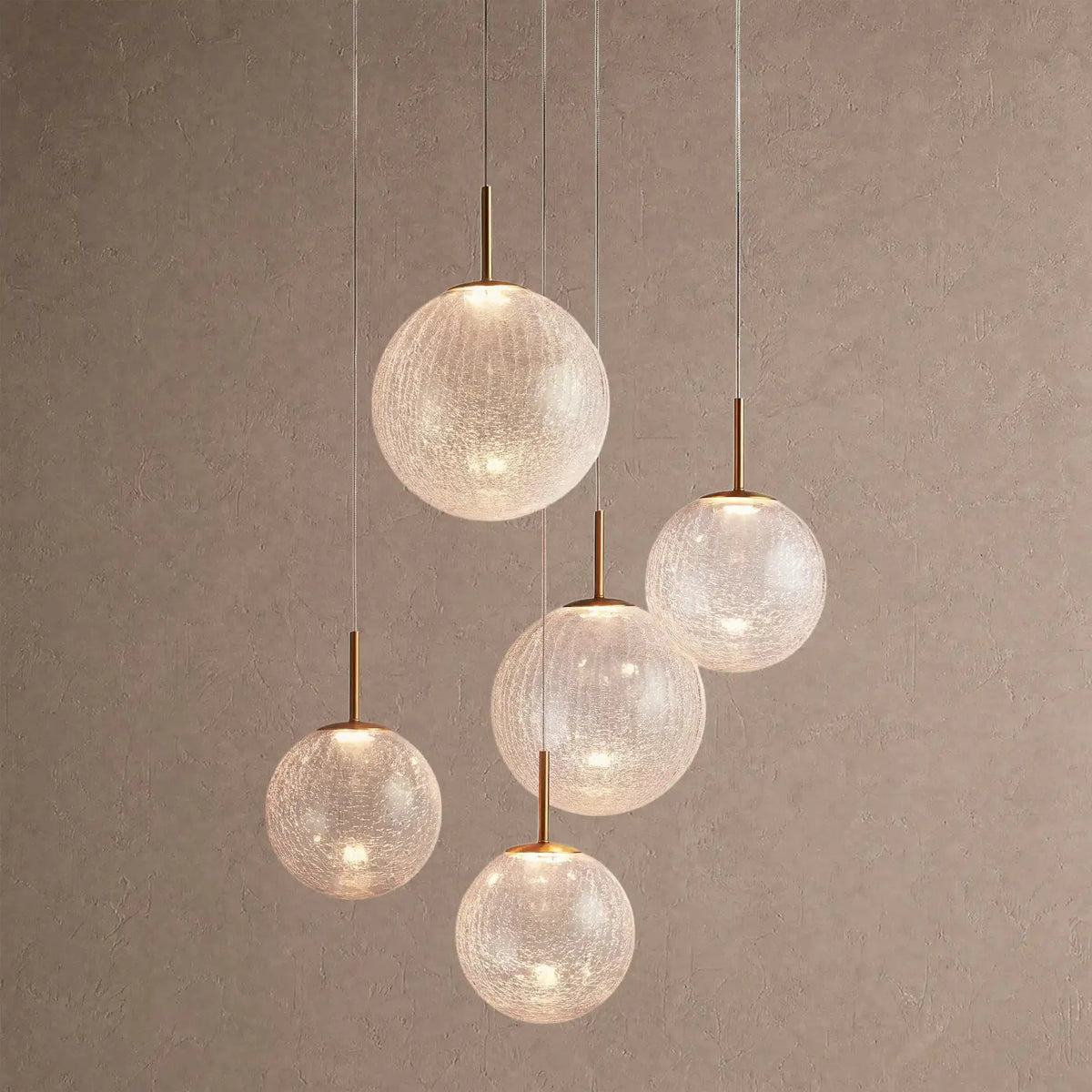 Casen Modern Round Chandelier - Hand-Blown Crackle Glass & Satin Brass LED Pendant Light - 5-Light 28''Crackle - VChandelier