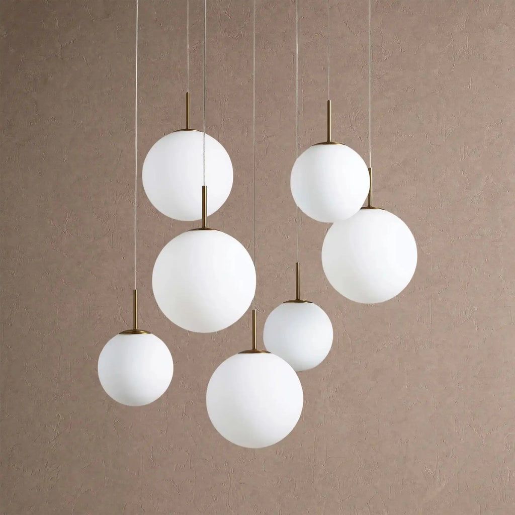Casen Modern Round Chandelier - Hand-Blown Crackle Glass & Satin Brass LED Pendant Light - 7-Light 34''Matte Opal - VChandelier
