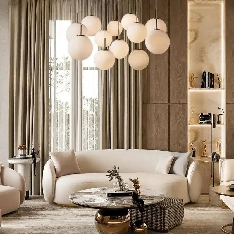 Casen Modern Round Chandelier - Hand-Blown Crackle Glass & Satin Brass LED Pendant Light in brass by Blush Lighting