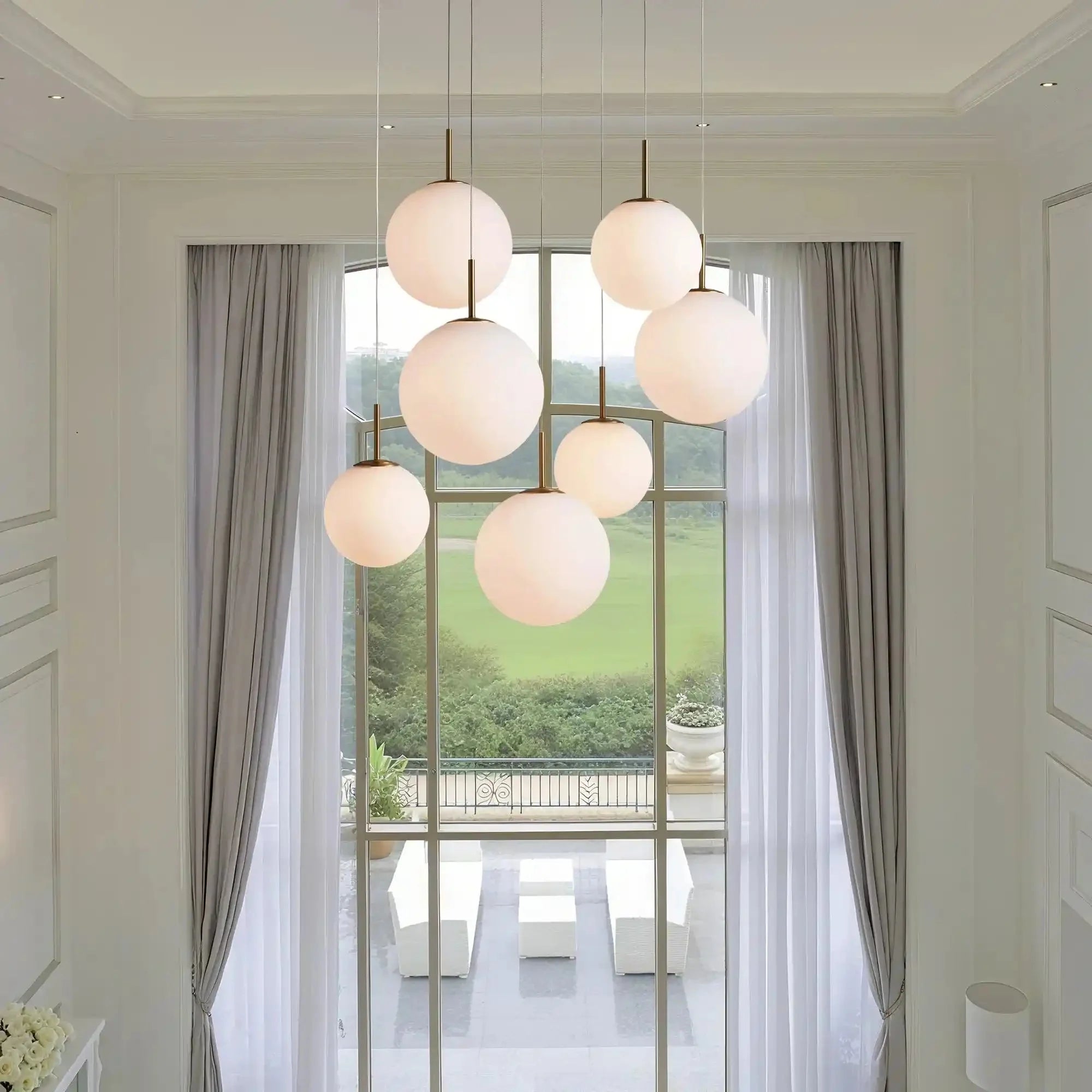 Casen Modern Round Chandelier - Hand-Blown Crackle Glass & Satin Brass LED Pendant Light in brass - dining room lighting