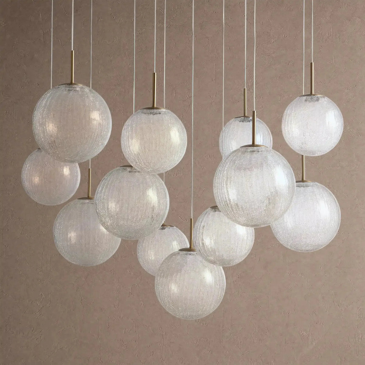 Casen Modern Round Chandelier - Hand-Blown Crackle Glass & Satin Brass LED Pendant Light - 12-Light 43''Crackle - VChandelier