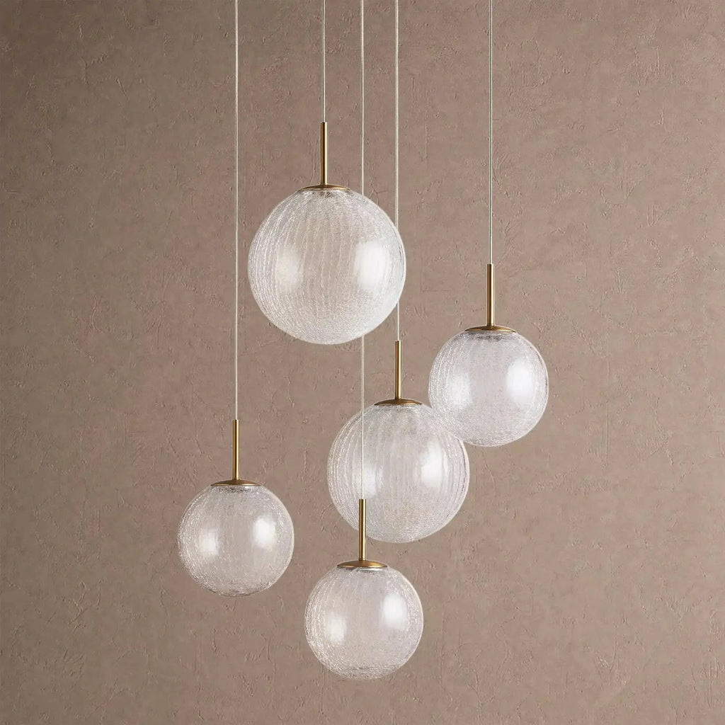 Casen Modern Round Chandelier - Hand-Blown Crackle Glass & Satin Brass LED Pendant Light - 5-Light 28''Crackle - VChandelier