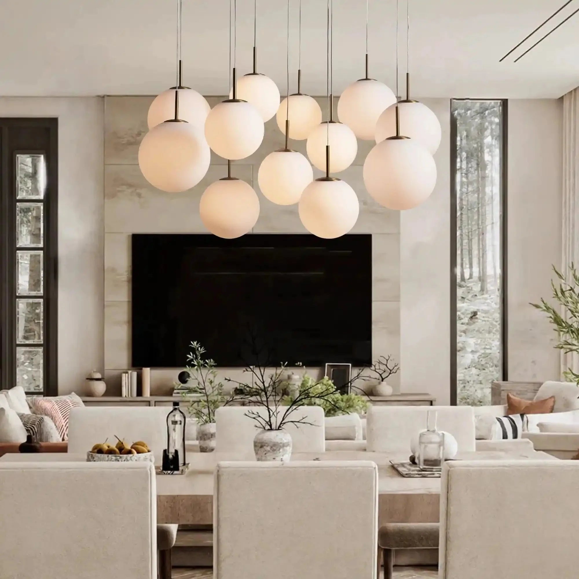 Casen Modern Round Chandelier - Hand-Blown Crackle Glass & Satin Brass LED Pendant Light in brass by Blush Lighting