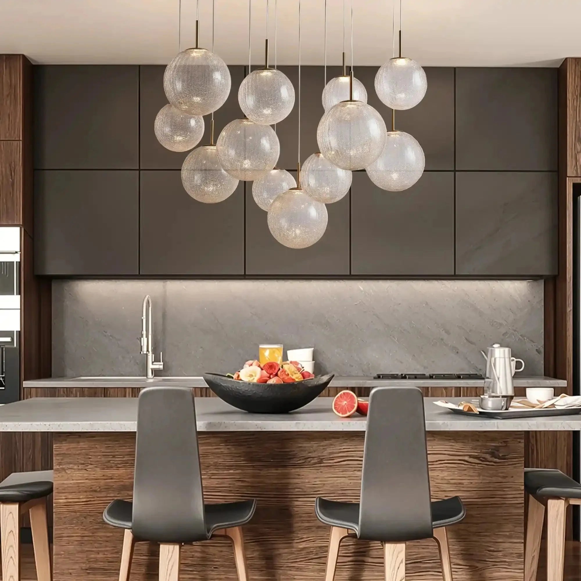 Casen Modern Round Chandelier - Hand-Blown Crackle Glass & Satin Brass LED Pendant Light in brass by Blush Lighting