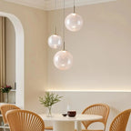 Casen Modern Round Chandelier - Hand-Blown Crackle Glass & Satin Brass LED Pendant Light in brass - dining room lighting