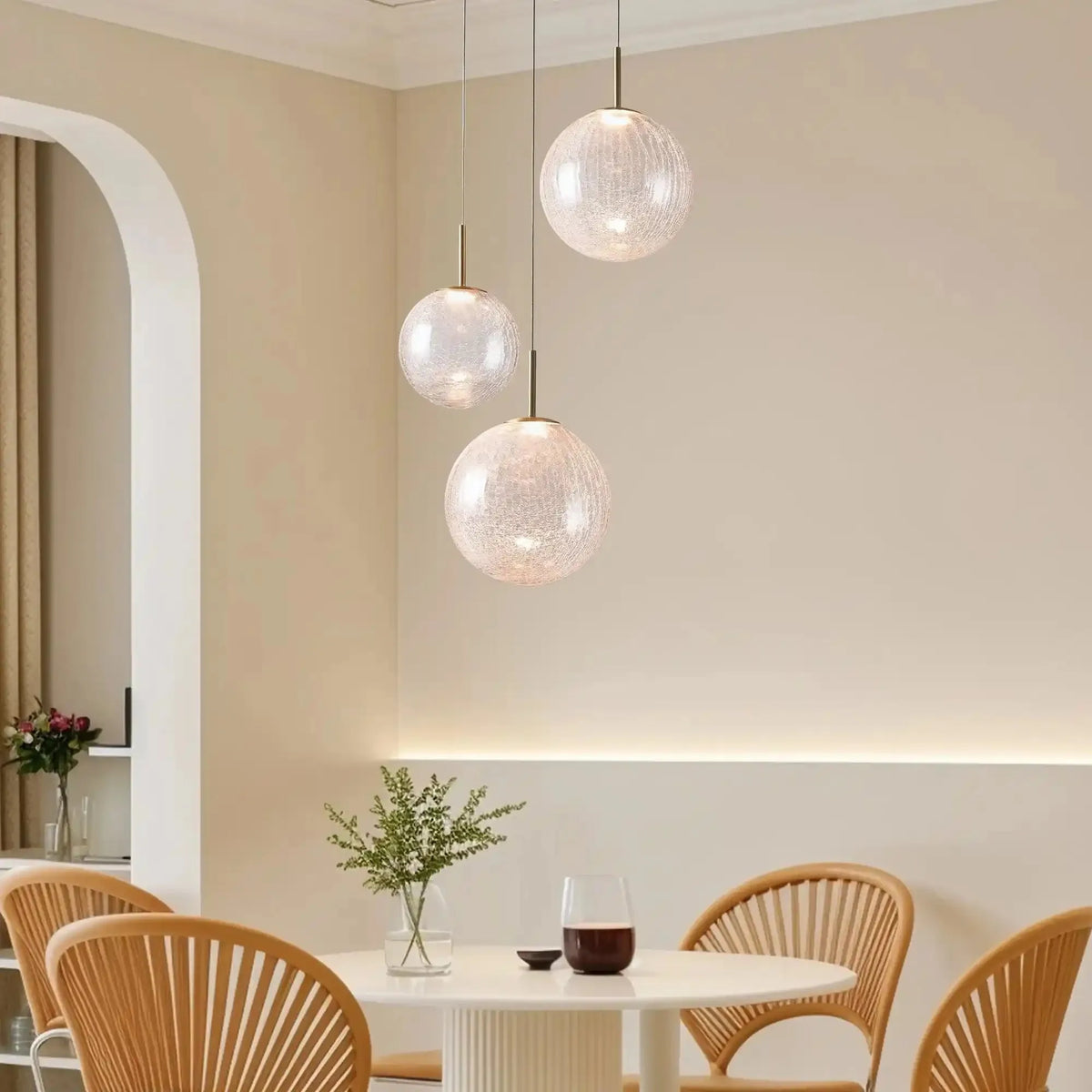 Casen Modern Round Chandelier - Hand-Blown Crackle Glass & Satin Brass LED Pendant Light in brass - dining room lighting