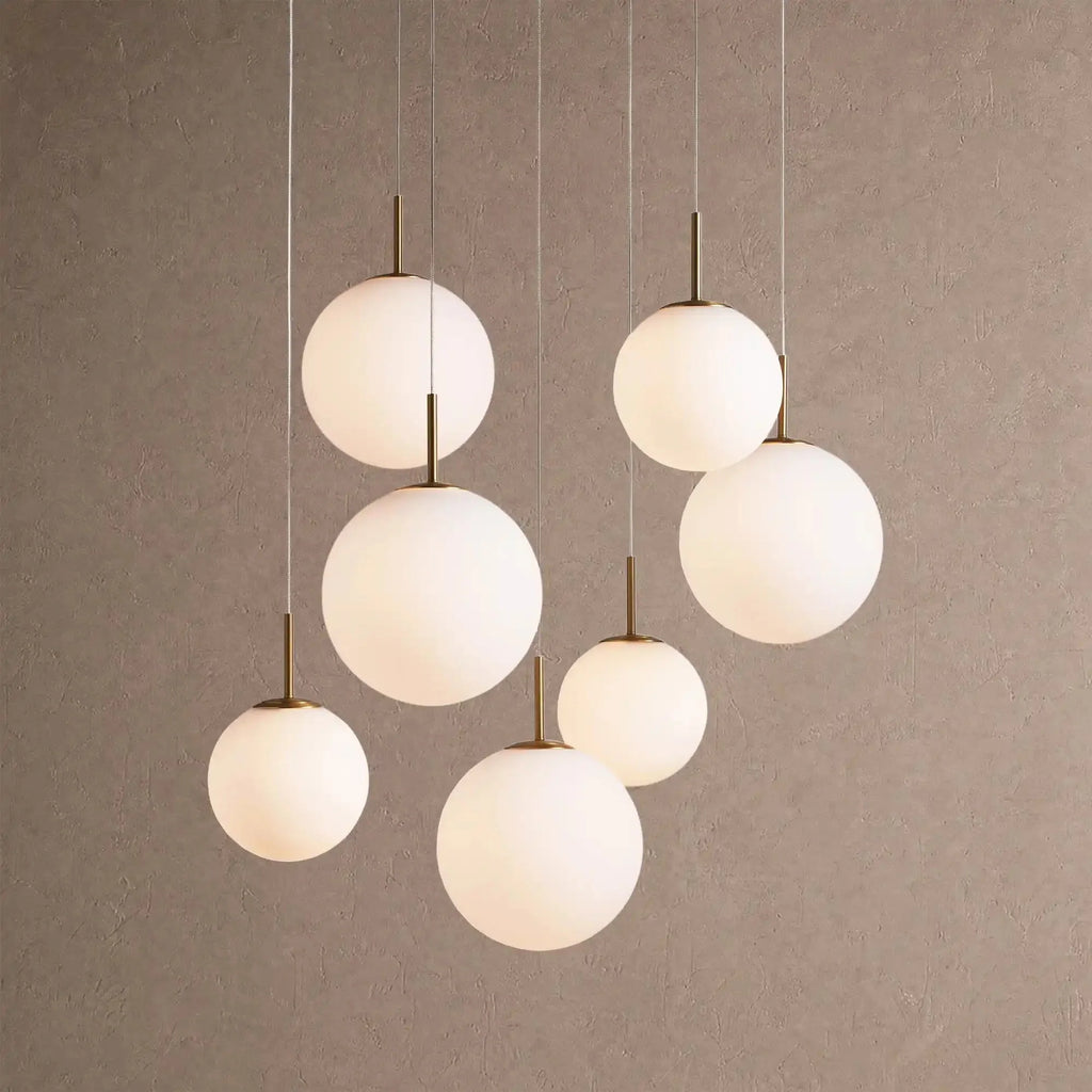 Casen Modern Round Chandelier - Hand-Blown Crackle Glass & Satin Brass LED Pendant Light - 7-Light 34''Matte Opal - VChandelier
