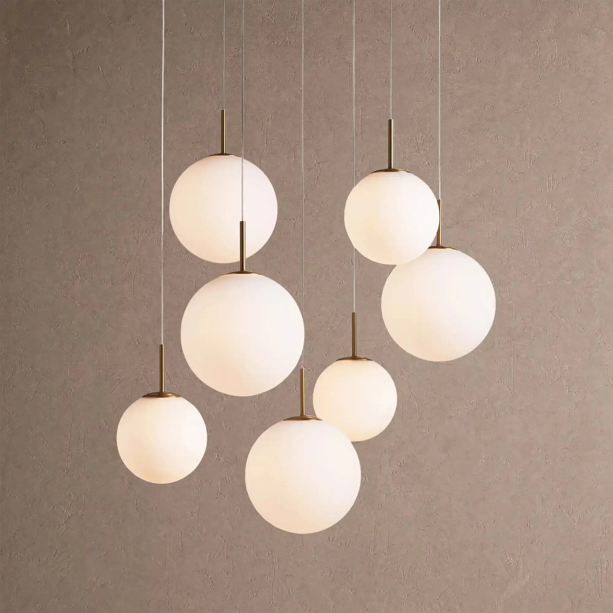 Casen Modern Round Chandelier - Hand-Blown Crackle Glass & Satin Brass LED Pendant Light - 7-Light 34''Matte Opal - VChandelier