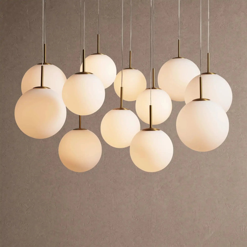 Casen Modern Round Chandelier - Hand-Blown Crackle Glass & Satin Brass LED Pendant Light - 12-Light 43''Matte Opal - VChandelier