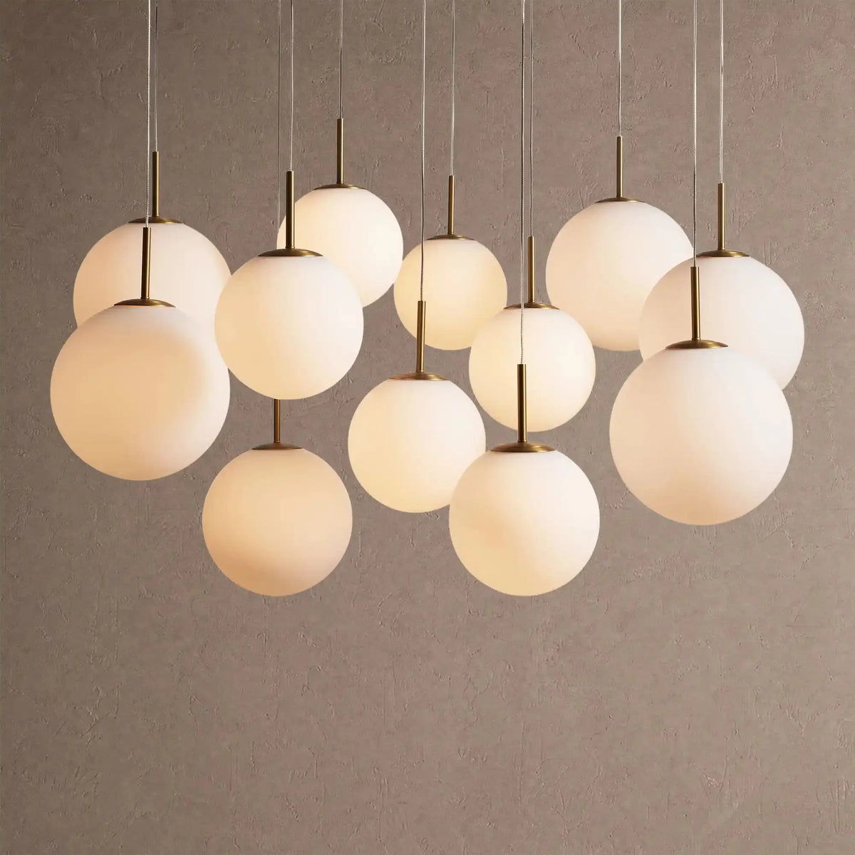 Casen Modern Round Chandelier - Hand-Blown Crackle Glass & Satin Brass LED Pendant Light - 12-Light 43''Matte Opal - VChandelier
