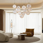Casen Modern Round Chandelier - Hand-Blown Crackle Glass & Satin Brass LED Pendant Light in brass - modern dining room lighting