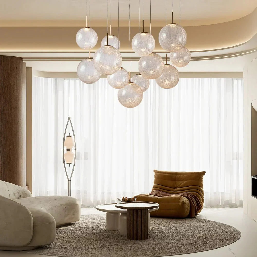 Casen Modern Round Chandelier - Hand-Blown Crackle Glass & Satin Brass LED Pendant Light in brass - modern dining room lighting