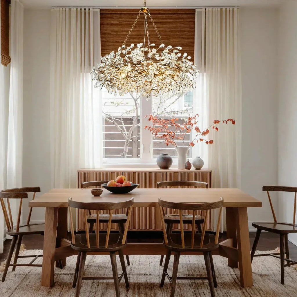 Fiore Crown Crystal Branch Chandelier styled in a modern dining room