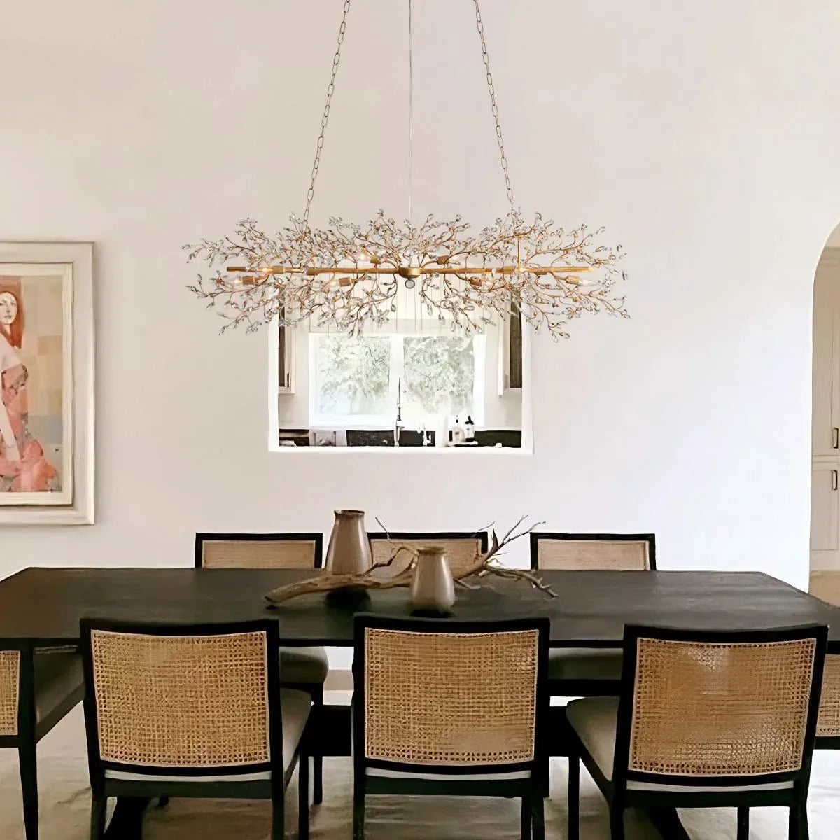 Fiore Linear Chandelier 43" 51" 68"W styled in a modern dining room