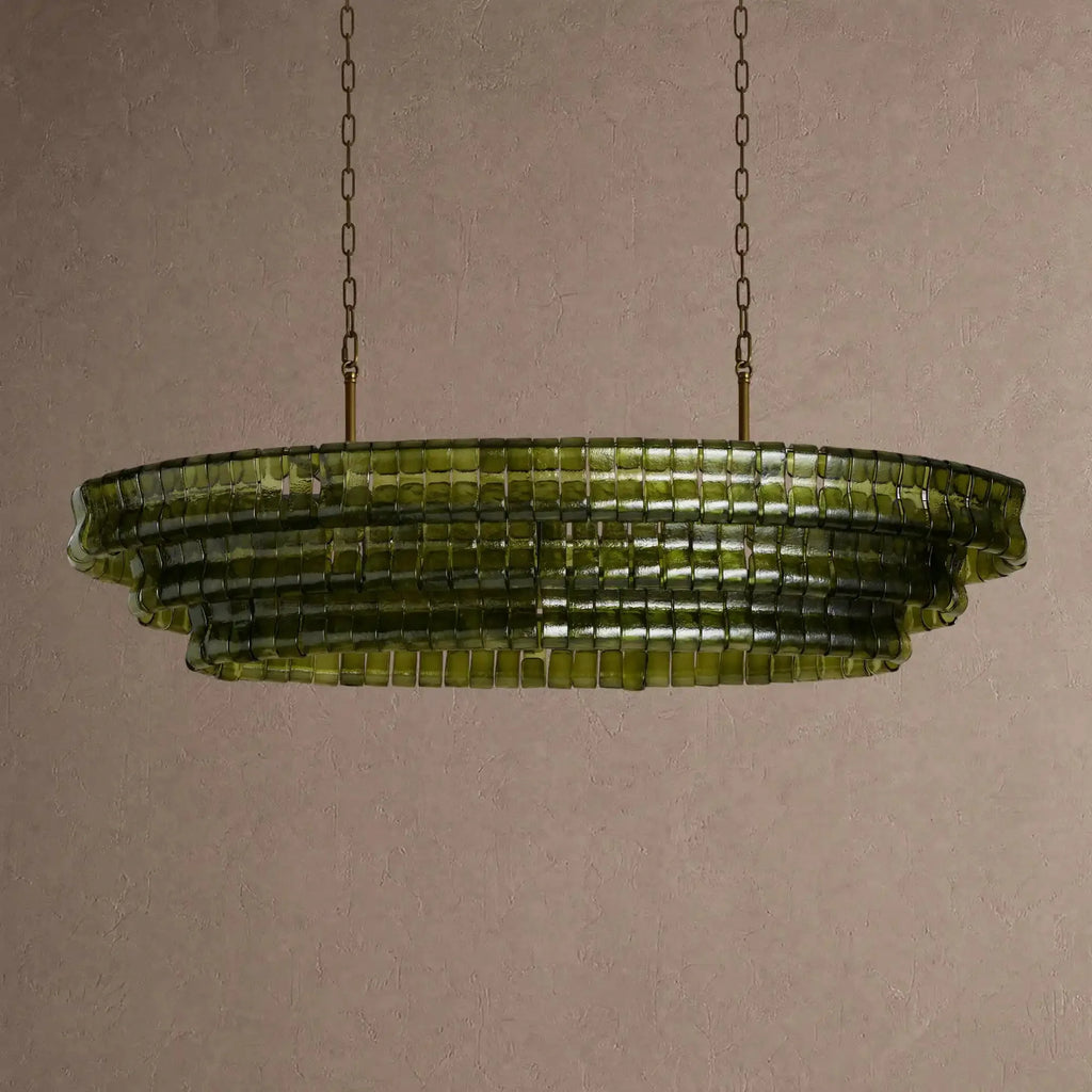 Ghiaccio Glass Oval Chandelier 54''65'' - Lacquered Burnished BrassGreen54"VChandelier