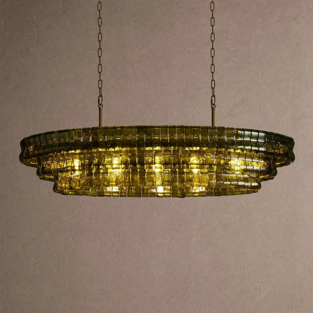 Ghiaccio Glass Oval Chandelier 54''65'' - Lacquered Burnished BrassGreen54"VChandelier