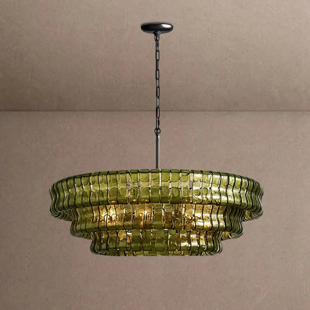 Ghiaccio Glass Round Chandelier 24" 36" 48" 60" - 3-Tier 24"BlackGreenVChandelier