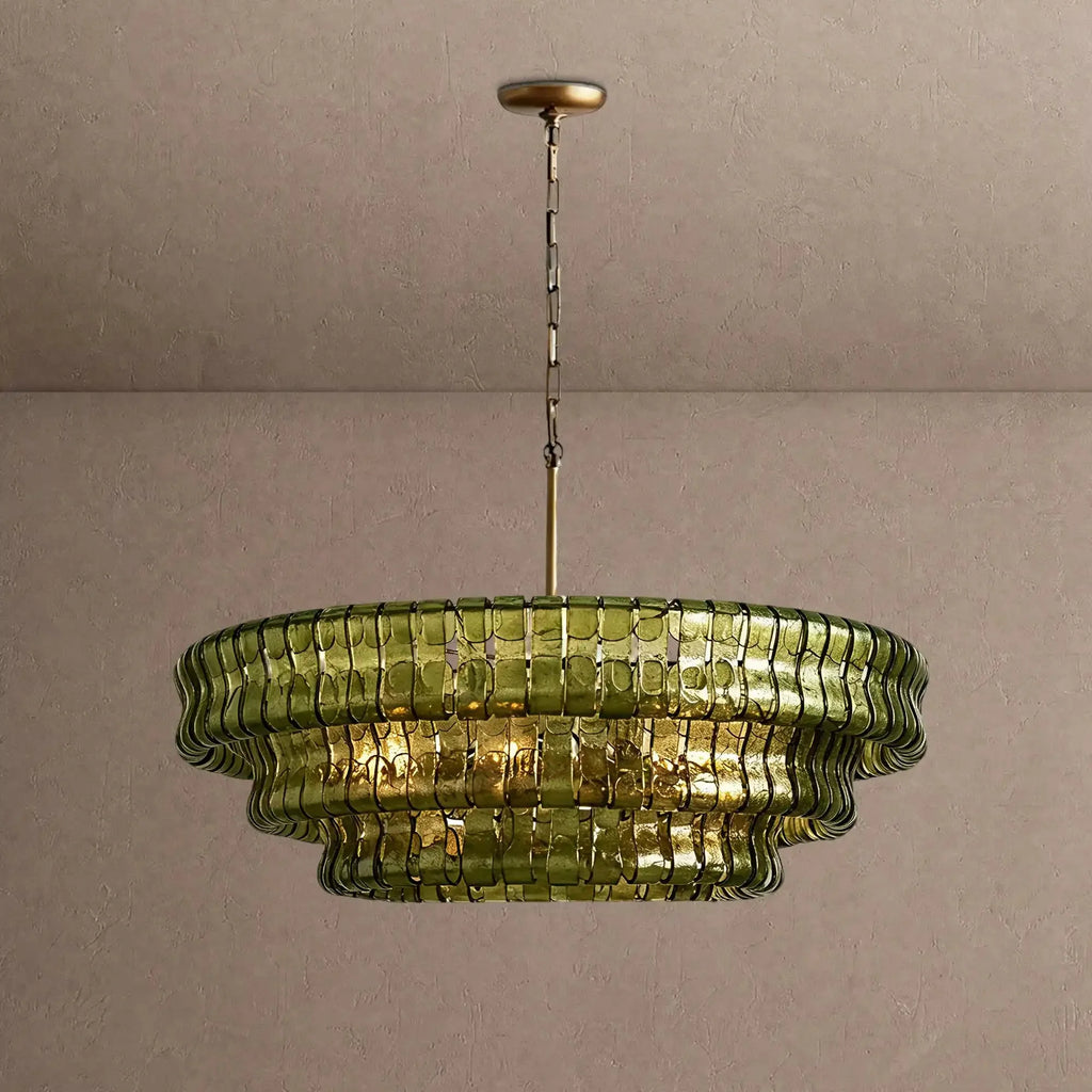 Ghiaccio Glass Round Chandelier 24" 36" 48" 60" - 3-Tier 24"BrassGreenVChandelier
