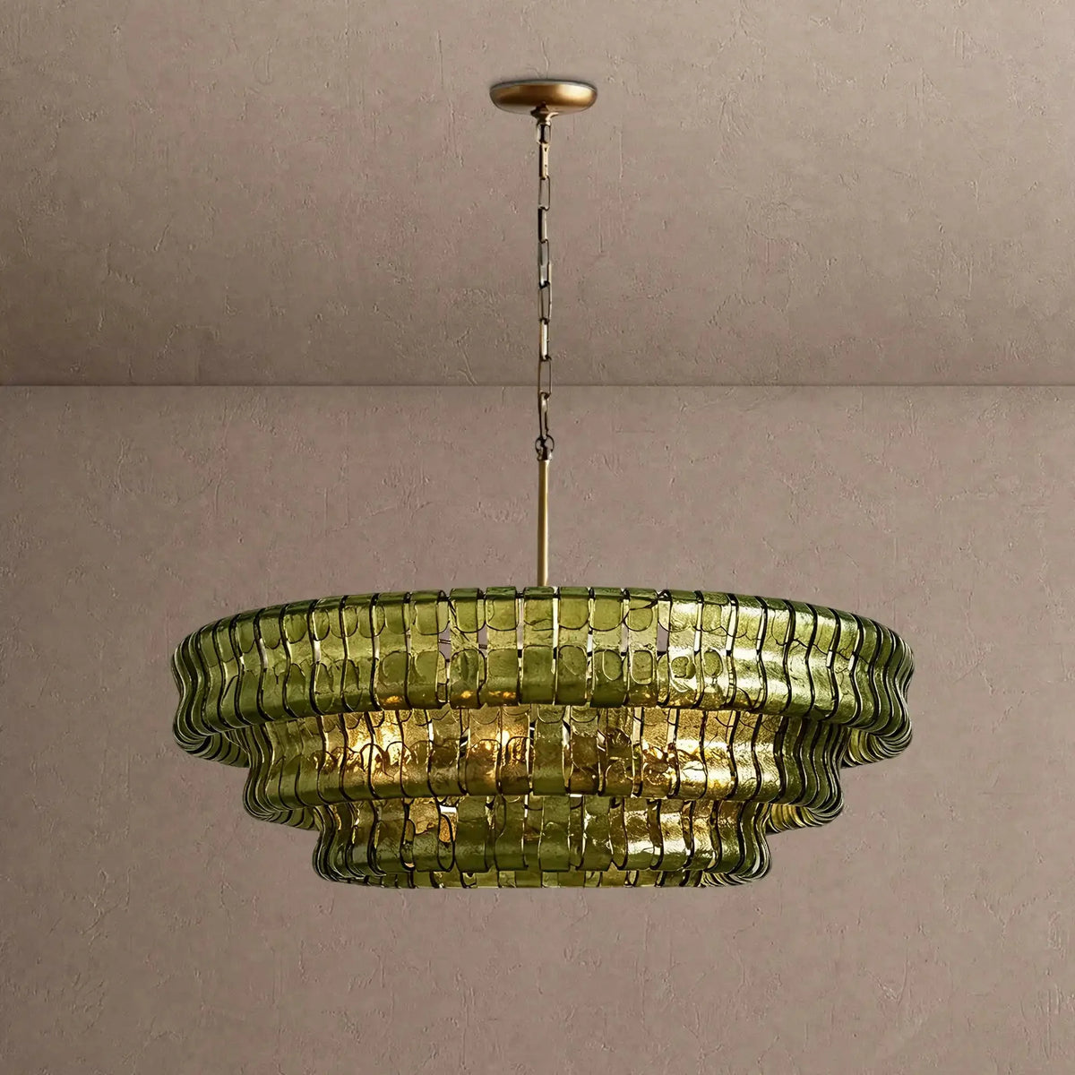 Ghiaccio Glass Round Chandelier 24" 36" 48" 60" - 3-Tier 24"BrassGreenVChandelier