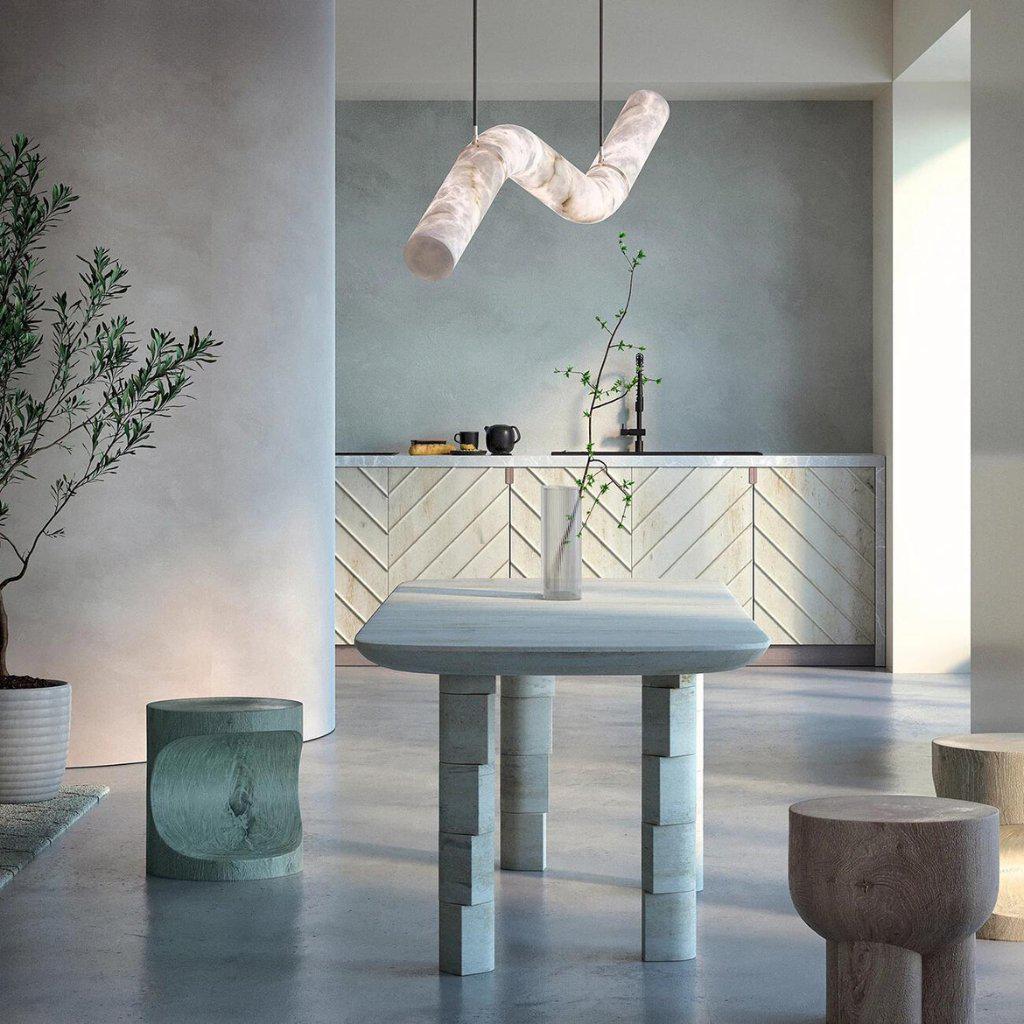 Liberty Curved Pendant Alabaster Chandelier, Pendant Light Over Dining Table - Style ABrass - VChandelier