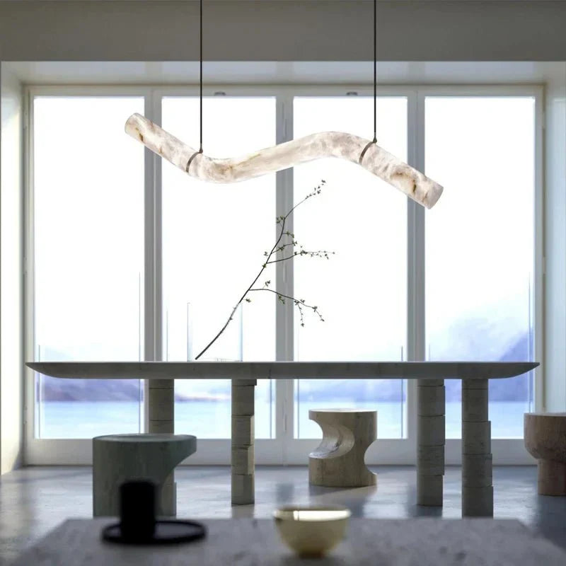 Liberty Curved Pendant Alabaster Chandelier, Pendant Light Over Dining Table - Style ABrass - VChandelier