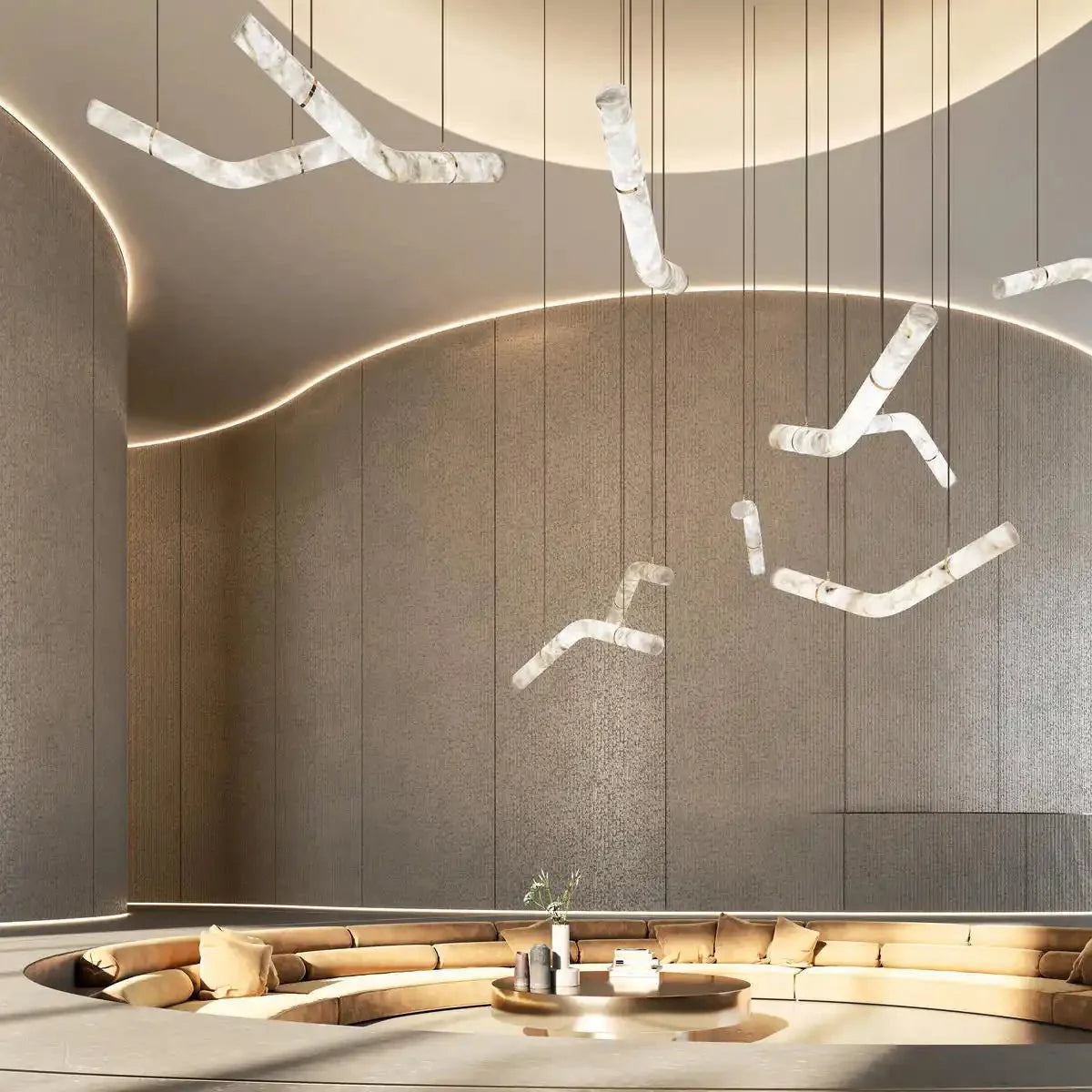 Liberty Curved Pendant Alabaster Chandelier, Pendant Light Over Dining Table - Style A 51.25"W*4.75"D* 24.5"HBrass - VChandelier