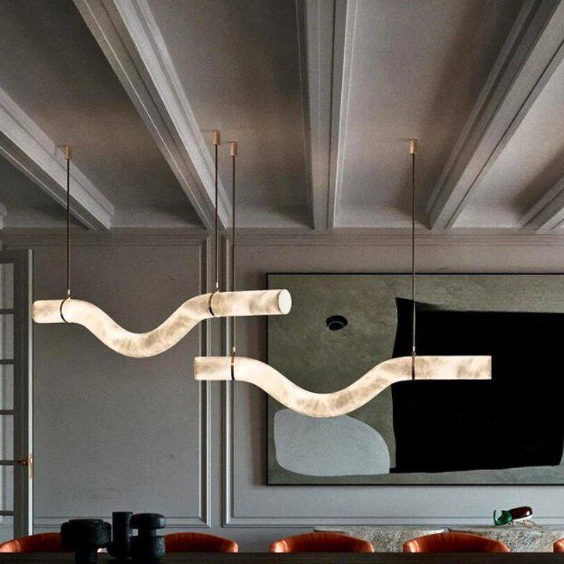 Liberty Curved Pendant Alabaster Chandelier, Pendant Light Over Dining Table - Style ABrass - VChandelier