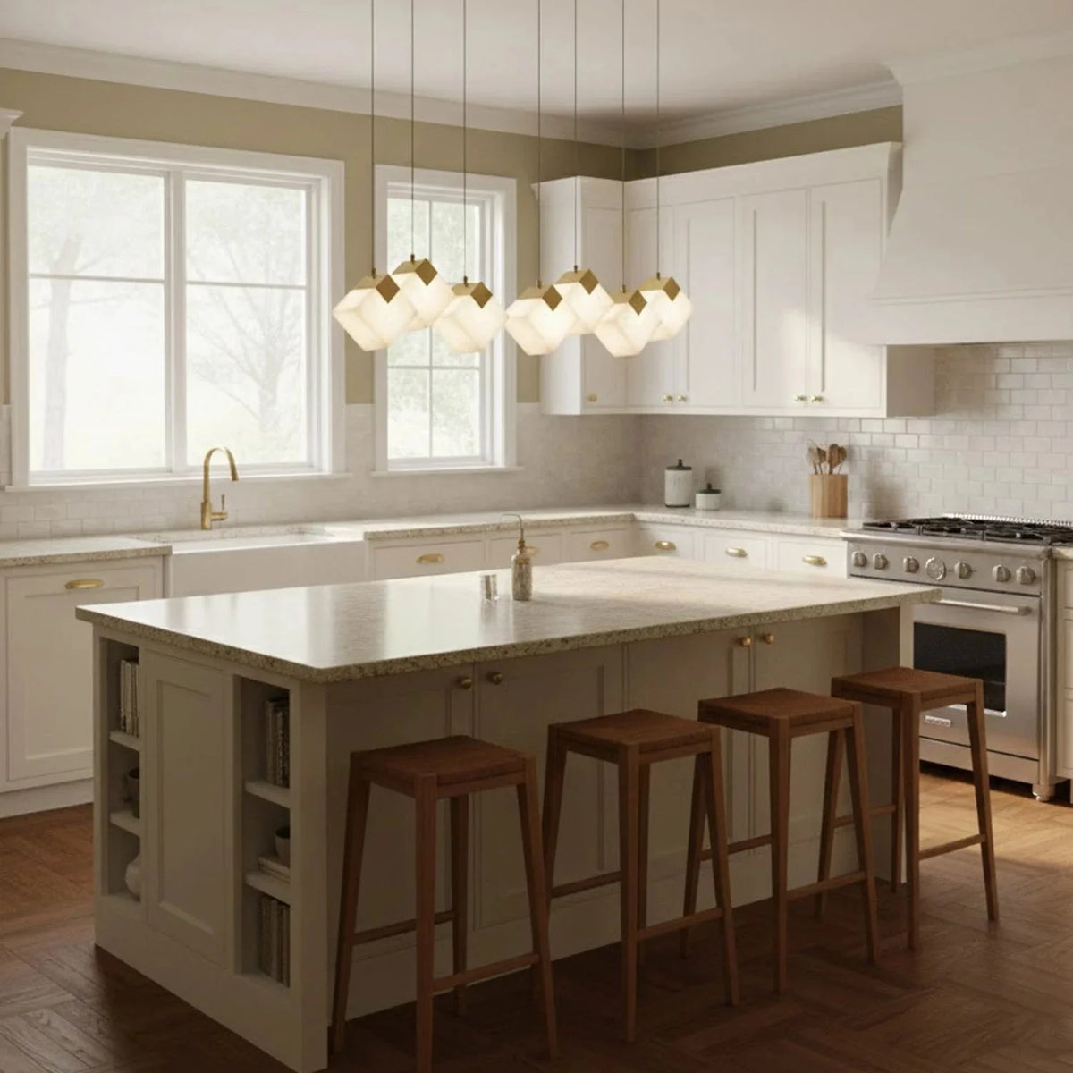 Linear Alabaster Cube Chandelier 6-Light Brass Island Pendant Light - 10-Lights ∅ 47.2" x H 3.9"Gold & White - VChandelier