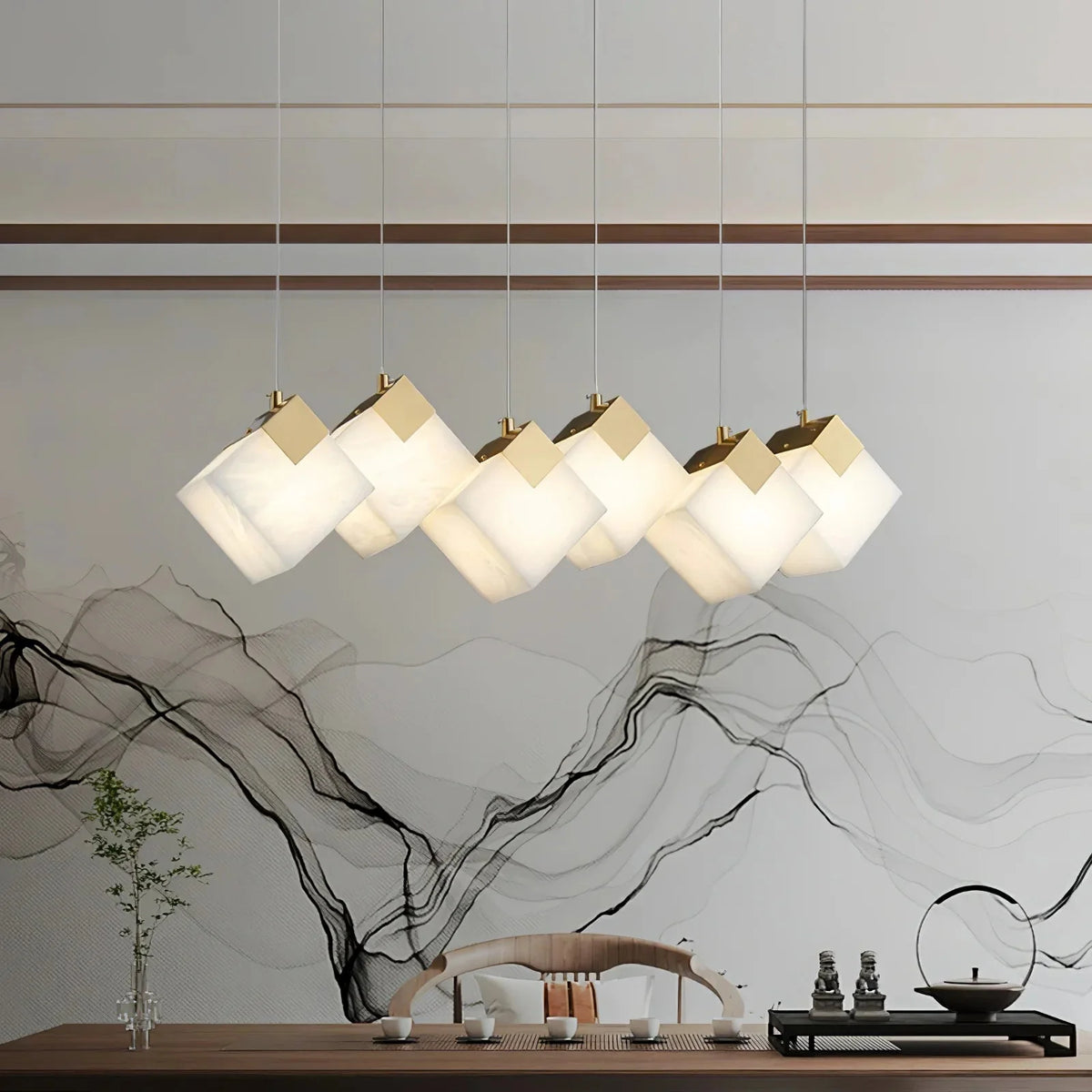 Linear Alabaster Cube Chandelier 6-Light Brass Island Pendant Light - 10-Lights ∅ 47.2" x H 3.9"Gold & White - VChandelier