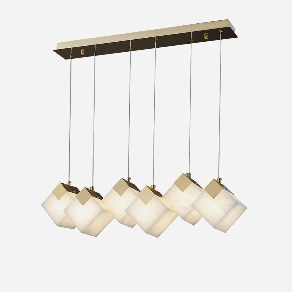 Linear Alabaster Cube Chandelier 6-Light Brass Island Pendant Light - 6-Lights ∅ 27.6" x H 3.9"Gold & White - VChandelier