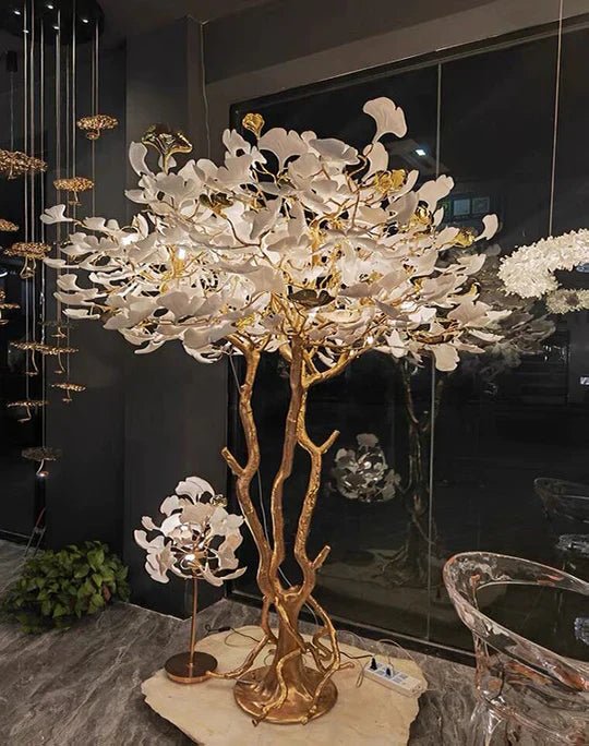 Luxury Creative White Ceramic Ginkgo Biloba Copper Branch Tree Floor Lamp for Living Room and Bedroom - D39.4"*H82.7"Warm Light - VChandelier