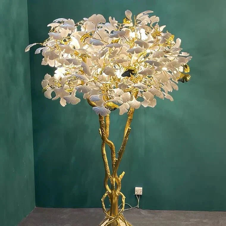 Luxury Creative White Ceramic Ginkgo Biloba Copper Branch Tree Floor Lamp for Living Room and Bedroom - D39.4"*H82.7"Warm Light - VChandelier
