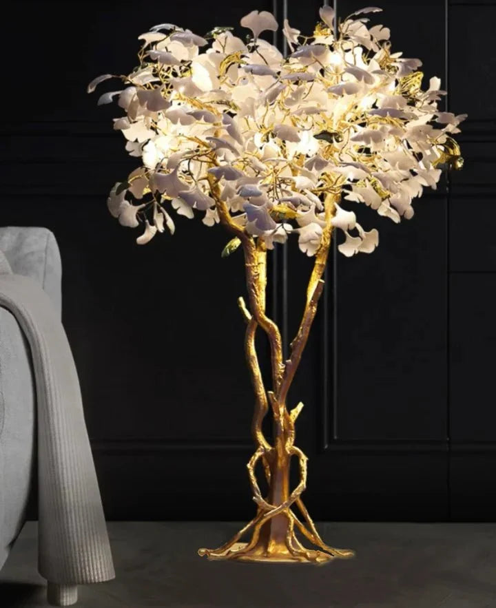 Luxury Creative White Ceramic Ginkgo Biloba Copper Branch Tree Floor Lamp for Living Room and Bedroom - D39.4"*H82.7"Warm Light - VChandelier