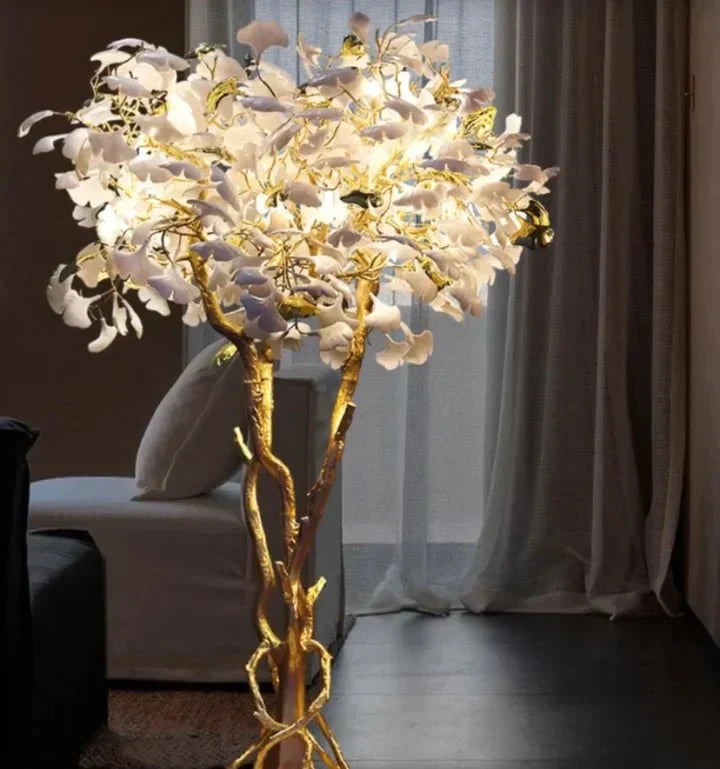 Luxury Creative White Ceramic Ginkgo Biloba Copper Branch Tree Floor Lamp for Living Room and Bedroom - D39.4"*H82.7"Warm Light - VChandelier