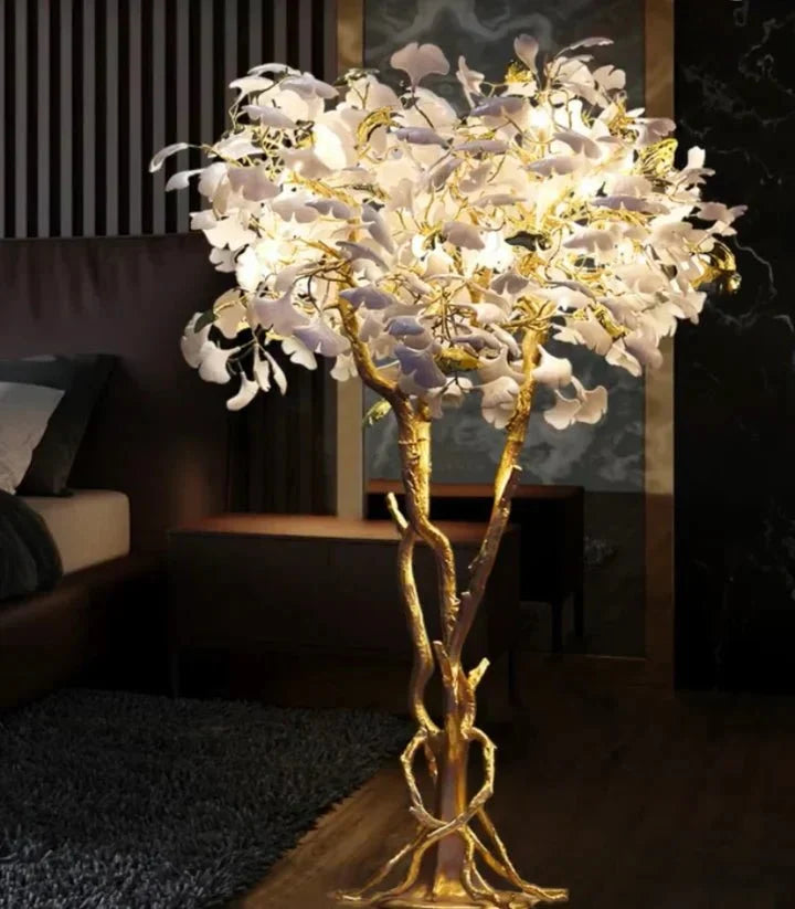 Luxury Creative White Ceramic Ginkgo Biloba Copper Branch Tree Floor Lamp for Living Room and Bedroom - D39.4"*H82.7"Warm Light - VChandelier