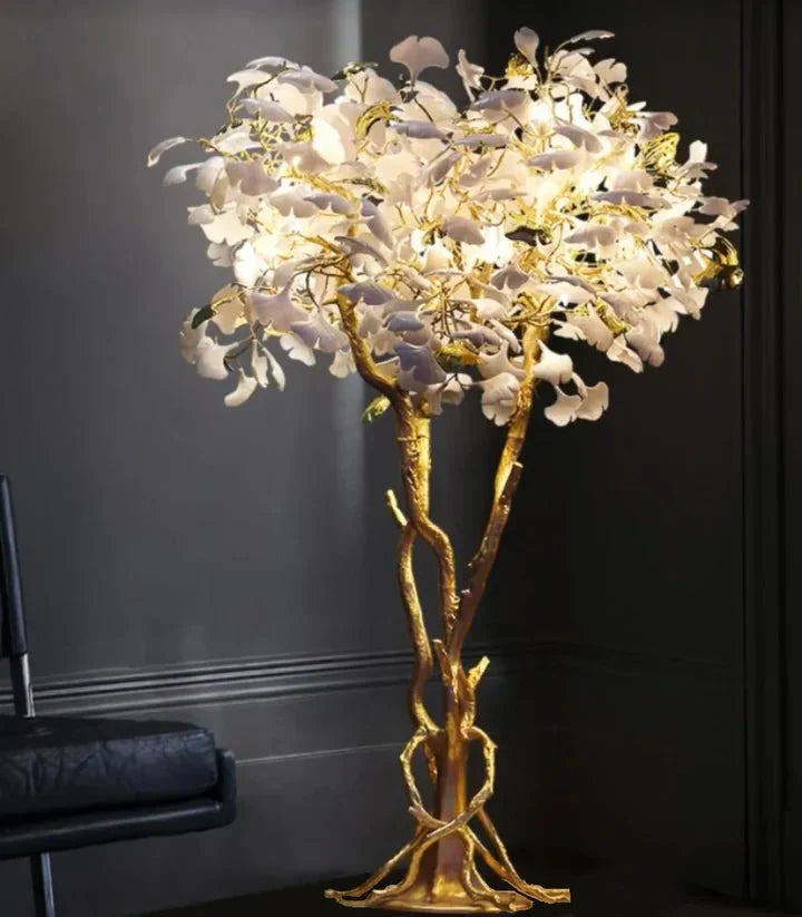 Luxury Creative White Ceramic Ginkgo Biloba Copper Branch Tree Floor Lamp for Living Room and Bedroom - D39.4"*H82.7"Warm Light - VChandelier