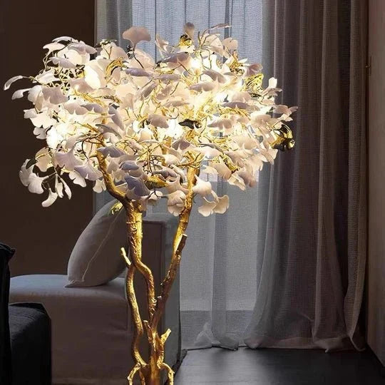 Luxury Creative White Ceramic Ginkgo Biloba Copper Branch Tree Floor Lamp for Living Room and Bedroom - D39.4"*H82.7"Warm Light - VChandelier