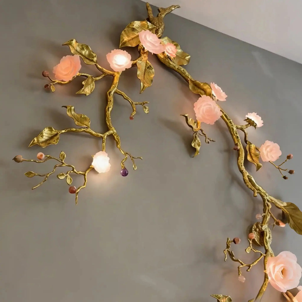 Luxury Elegant Golden Branch Blossom Twig Natural Crystal Lighting Set - Pendant Chandelier/L50.39“*W24.8”Warm Light - VChandelier